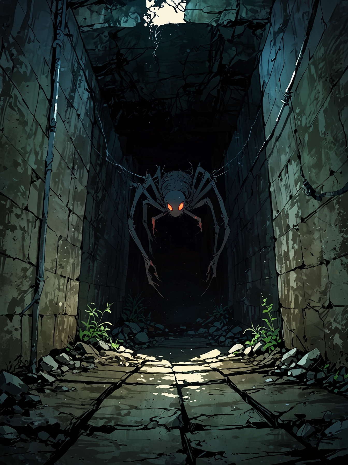 You follow the sound of the human voices, only to be caught off guard by a large spider. It seems it can mimic the sounds of humans and thus caught you in its trap. Your back is against a dead end and your only hope is to defeat the spider before it immobilizes you.