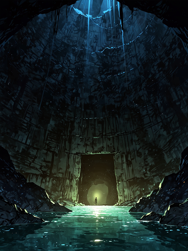 You follow the draft and escape from the tunnels and emerge into a large room. This room holds a 20 feet deep pool with a stream that flows into of the cave from the northeast. The pool is of dark colour, similar to that of coal tar.