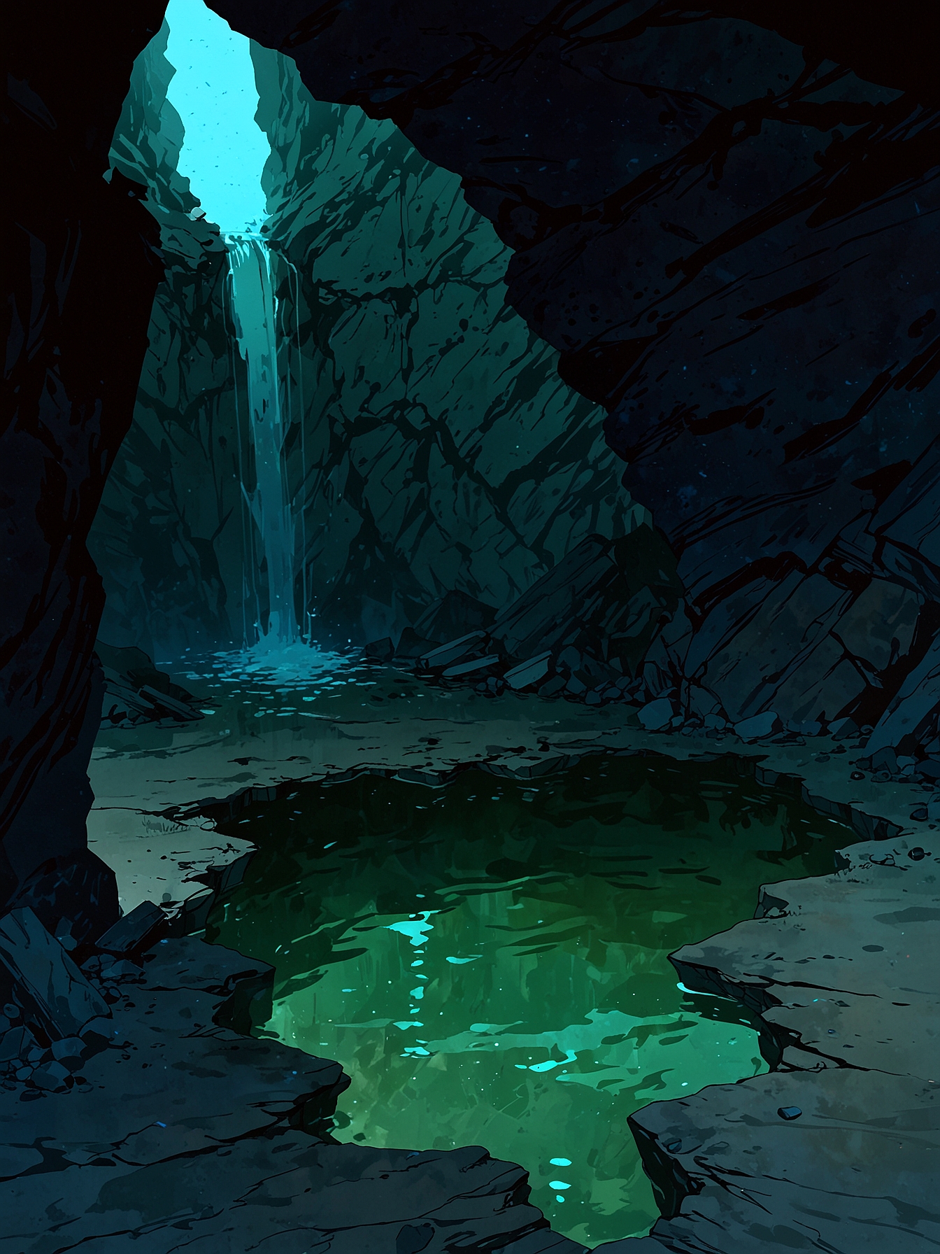 You catch a glimpse of something on the bottom of the pool. Despite it being rather shallow, the color and texture of the water keeps you from diving in. Yet, perhaps there is something valuable here that might aid your journey. 