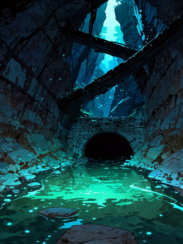 Having gained the Mask of Water Breathing, you are able take a swim in the streambed. After a while, you are taken through some strange tunnels by the currents, and eventually emerge into another cavern.  It would appear that there is no peril in this area, as there is not a single creature here.