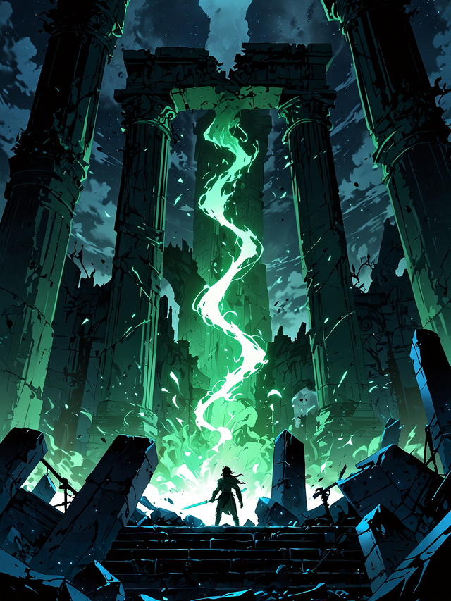 You take Ancel's hand just as he casts a spell on the teleportation crystal. Amidst the chaos, a green portal emerges. The fight intensifies as you both pass through the portal, disappearing from the ruins of Hollowmire. You become dizzy and close your eyes.