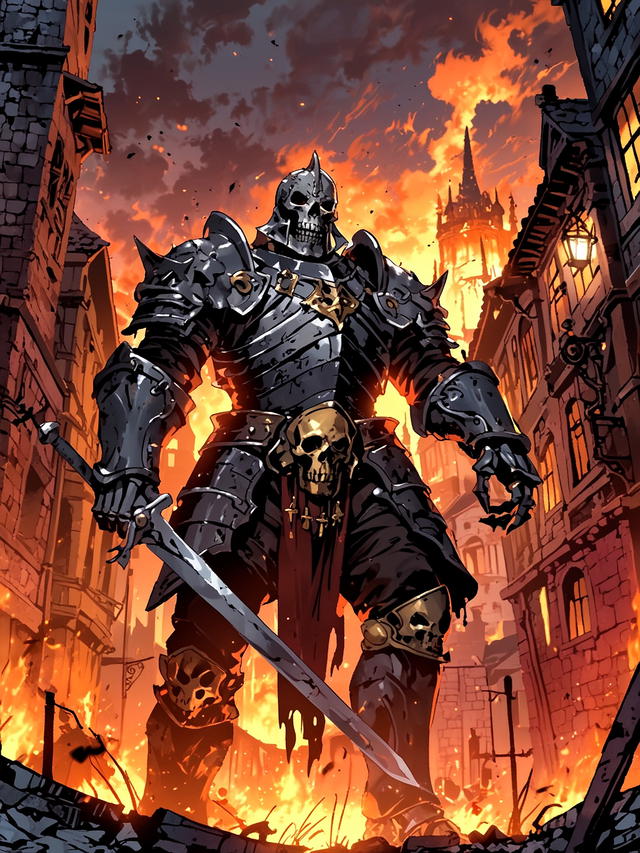 After departing the keep and following the stairs down into the city, you are blocked in your path by a skeleton knight. Clad in heavy armor, the skeleton is taller than you and glances with a sinister grin. The chaos in the city erupts in the background, hinting that you need to rush. 