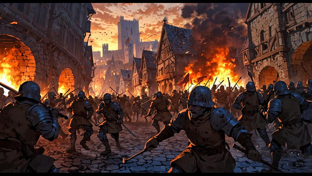 As you make your way through the city, you see mayhem and fighting on every street corner. As you reach the Marketplace District, you see a retinue of soldiers trying to save some fleeing civilians from monsters. 