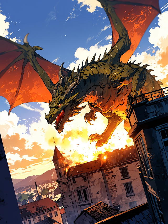 You glance as various dragons roam the sky above Lancaster. Yet, you see as a brass dragon prepares to descend and try to incinerate everyone in its path. 