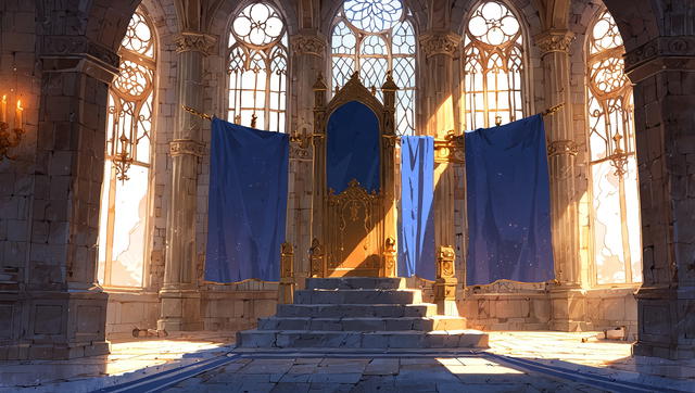 You depart for the Throne Room in the castle. There, you are greeted by a familiar, yet an ever-beautiful sight. The large hall with blue banners gives you a sense of peace and pride. In the distance, you see the throne, upon which your father, King Tiberius, is seated. 