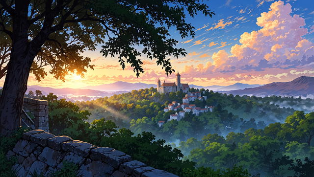 You gaze in the distance, just as the sun breaks over the horizon. You see a beautiful landscape, filled with dense forests and hills. In the middle, you glance upon a beautiful town. That must be Royston. That is your new home. 