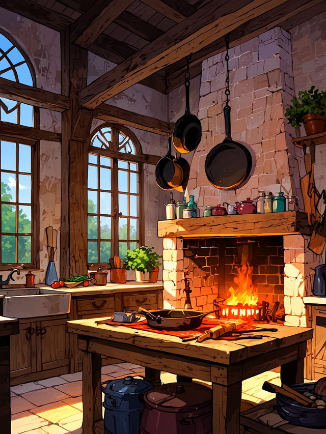 You make your way through a door that leads into the manor kitchen. You see a rustic, beautiful area, filled with pans, skillets, and everything a cook might need. However, you don't notice anyone inside. They must be preoccupied with other tasks around the manor. 