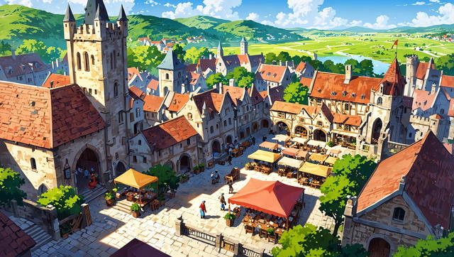 You glance outside the window and look upon the town below. The view is spectacular, showing a horizon filled with forests and hills. The town itself looks rather busy, presumably due to your arrival. There is a large marketplace in the middle. 