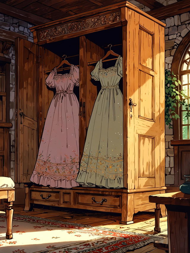 You glance inside the wardrobe, where you are taken aback by noticing a set of beautiful dresses inside. They look old, but well-kept. Certainly, they belonged to the viscount's wife. It seems they didn't even have time to pack their belongings. Maybe it'll be a good idea to ask Garrett about them.