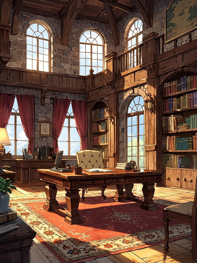 You enter the first door and see a beautifully ornated office. This must've been where the viscount was taking care of his business in Royston. There is a large map of the region, laid out on a central mahogany table. 