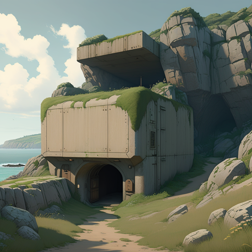 You walk toward the cliff face and find a strange bunker.