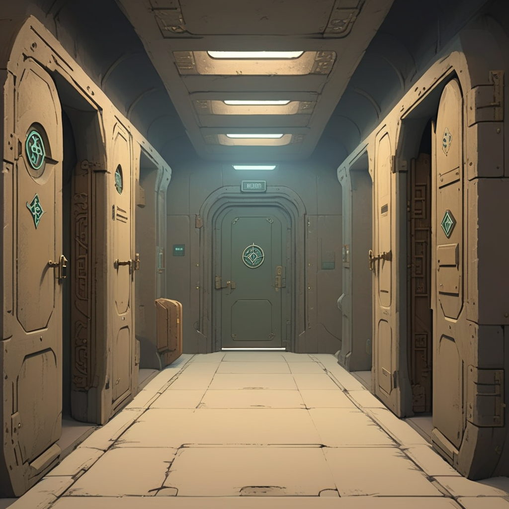 You walk down the corridor and come across several closed doors, each with a cryptic symbol.