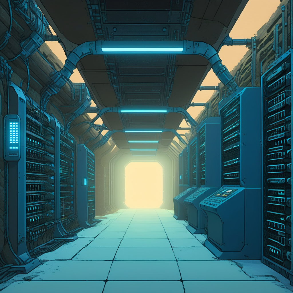 You move forward and arrive in a vast room with rows of blinking servers and humming machinery.