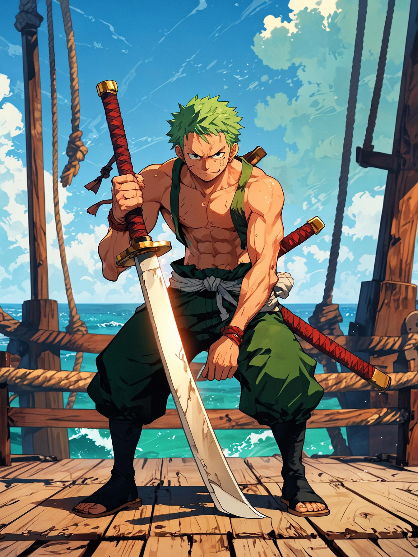 Zoro from One Piece in stance on ship deck, ropes, masts, ocean background