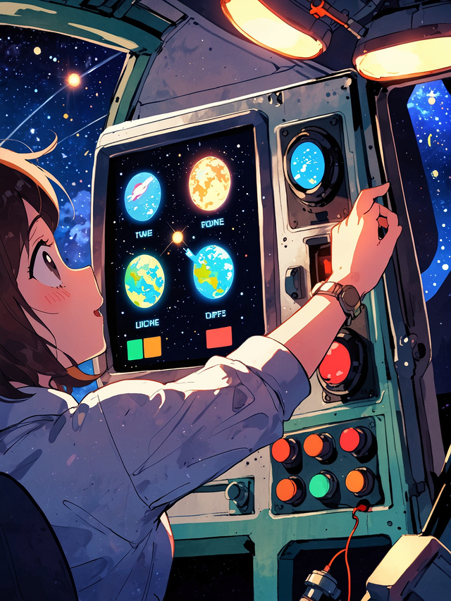 You study the star maps on the control panel, ensuring your route to Mars is clear and unobstructed. The stars shine brightly, guiding your way through the vast expanse of space.