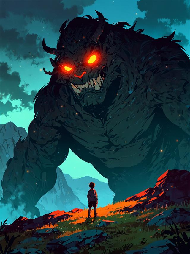 You nod at the kid's plan, understanding the risks. The creature looms ahead, its eyes aglow. You ready yourself, knowing that precision and courage are now your allies.