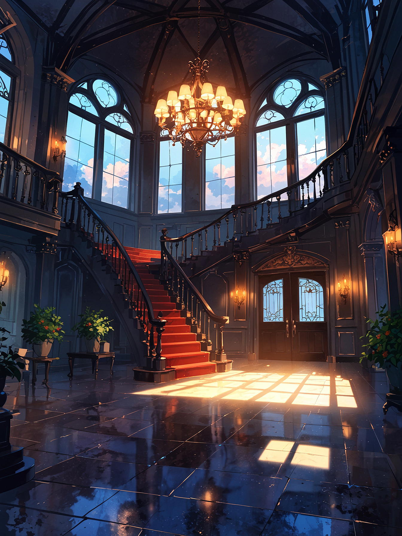 Grand entrance hall of a gothic manor, high ceilings, elaborate staircase, large chandelier, portraits on walls, faint light filtering through windows