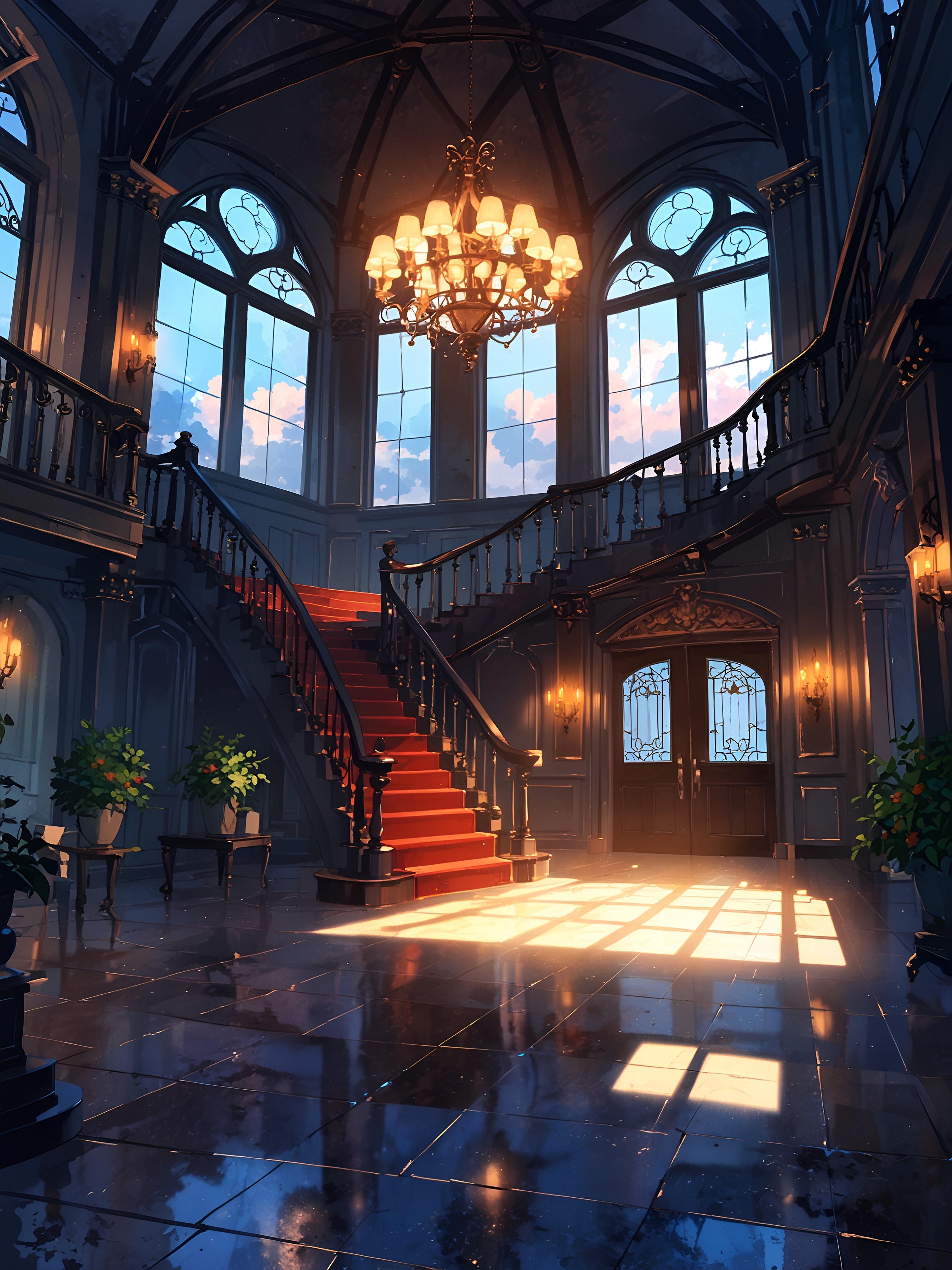 You cross the threshold into the manor's entrance hall. The grandeur is overwhelming, with portraits gazing down and a chandelier casting a dim glow over the scene.