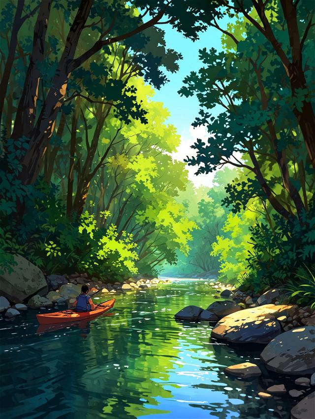 You steer your kayak left, intrigued by the dense forest that lines the riverbank. The air grows cooler as the trees cast their long shadows over the water, promising adventure.