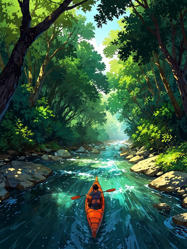 You press on, paddling deeper into the forest where sunlight struggles to pierce through the thick canopy. The river darkens, echoing with the mysterious whispers of the woods.