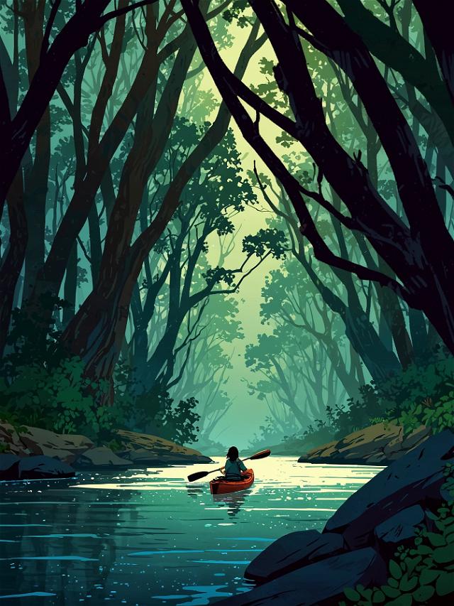 You maintain your course, each stroke of your paddle pulling you further into the heart of the woods. Soon you realize the water stops moving and you can't tell where you are at, you paddle around helplessly until you realize you are lost.