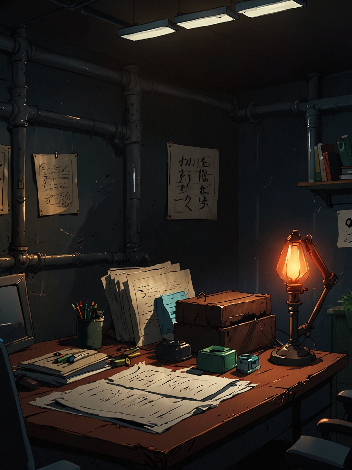 You decide to check the nearby doors, hoping to find an exit or safe room. Sophie and David follow you as you carefully open the first door. The room inside is filled with old machinery and dusty shelves, but no apparent way out. Yet, you find a desk with multiple documents.