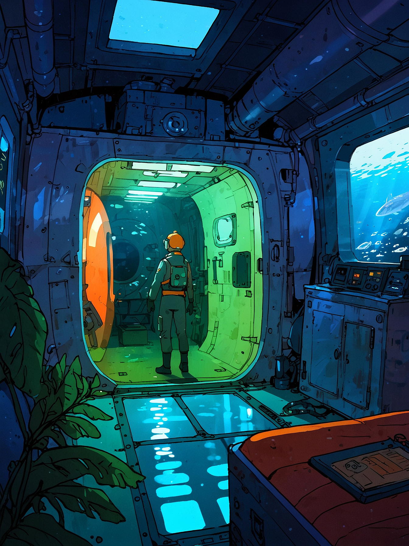 You navigate through the reef and reach the Fiship. Opening the hatch you climb inside, closing it securely behind you. The interior lights up, revealing the advanced controls and cozy quarters. Without this last Fiship you would be dead, but for some reason it does not make you feel any better.