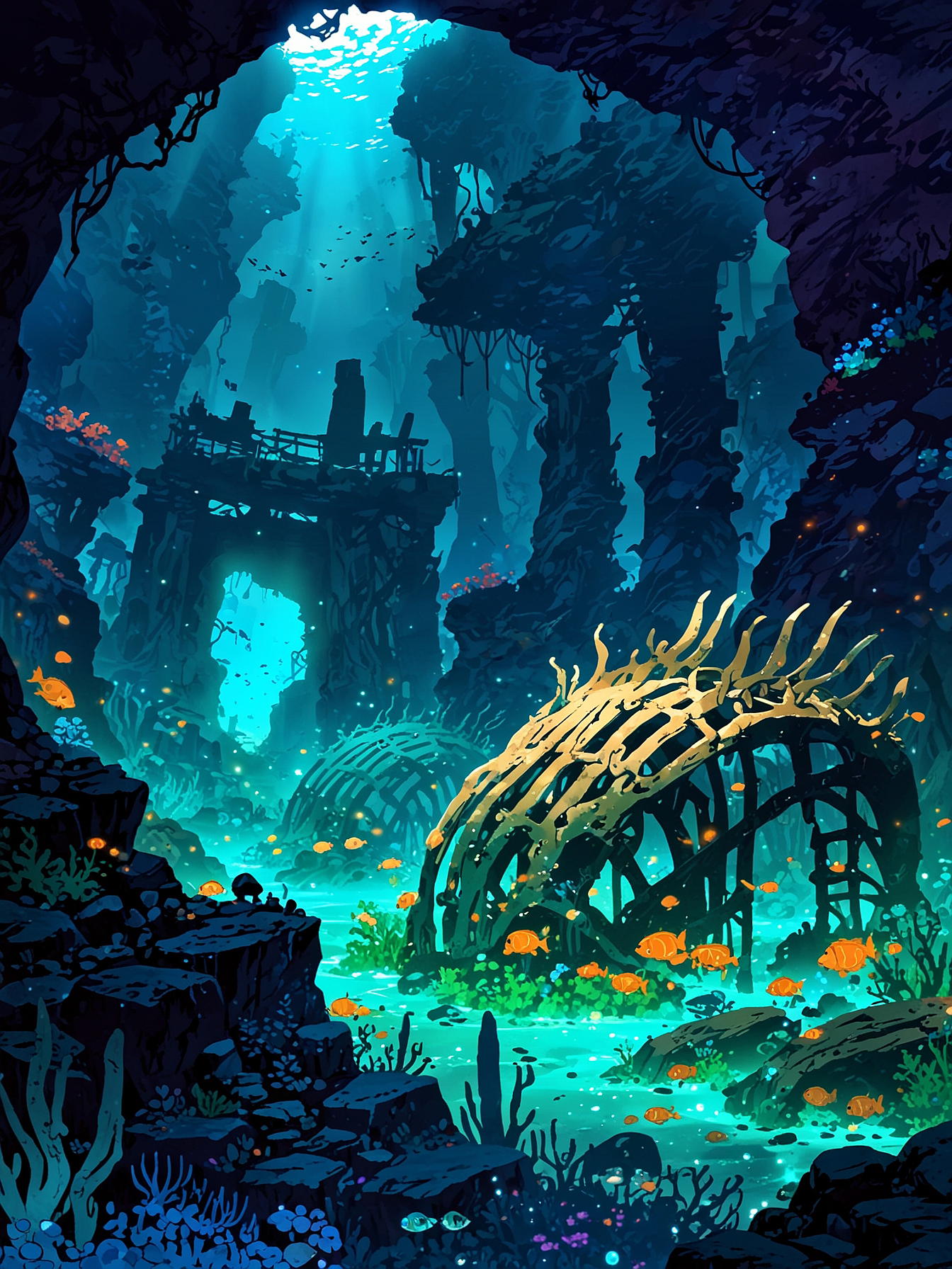 You head eastwards towards Fin Graveyard, a resting place for ancient sea creatures. Massive bones and remnants of colossal fins surround you, creating an eerie yet majestic sight. The place is full of various scavengers and has an infamous reputation for high currents.