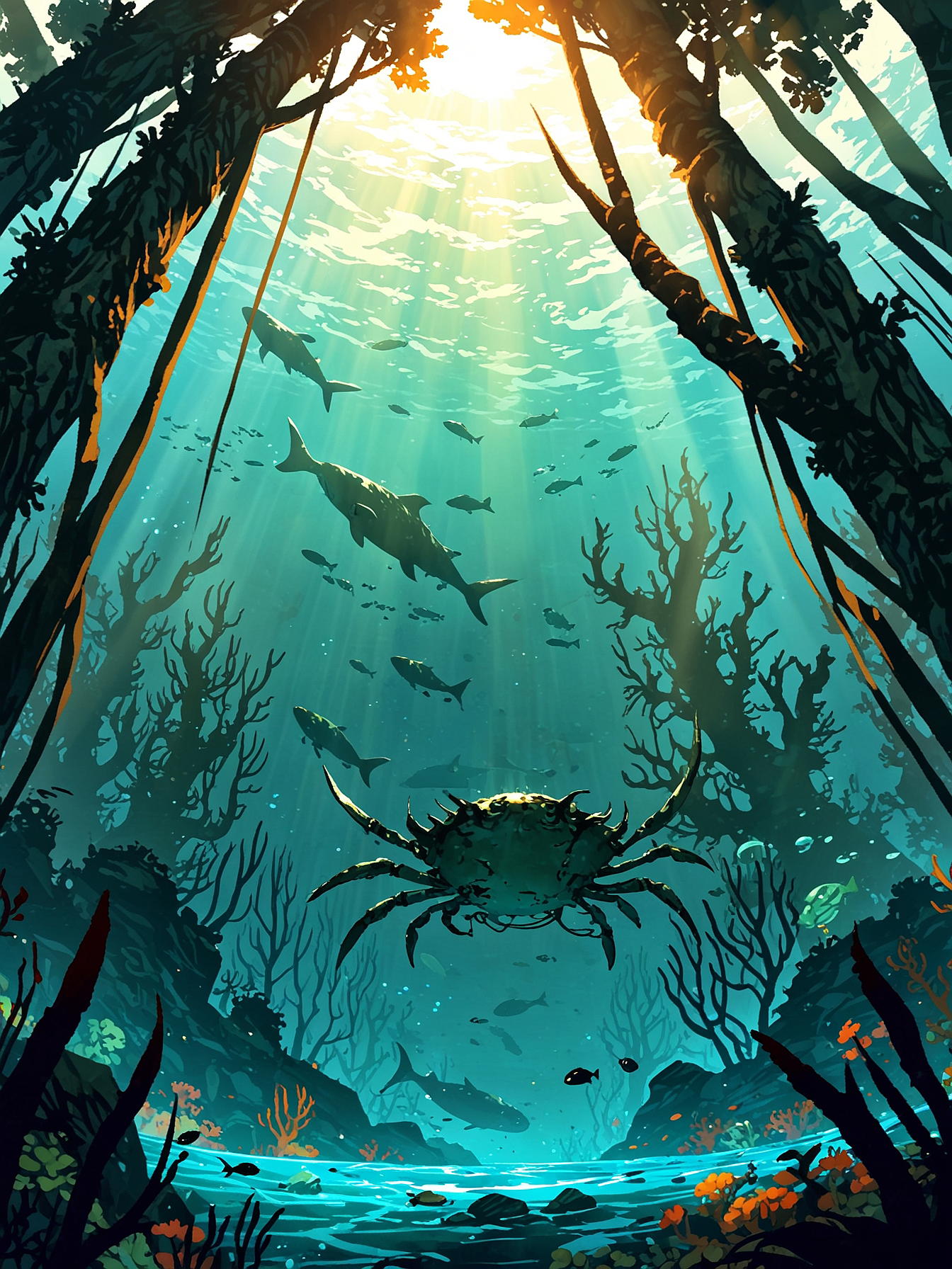 You follow the local fish, observing their movements as they navigate through the kelp forest. Their synchronized swimming leads you deeper into the kelp forest. The Fiship glides smoothly, until a shadow hits you from the back. A swarm of brinelurkers had confused you for a fish!