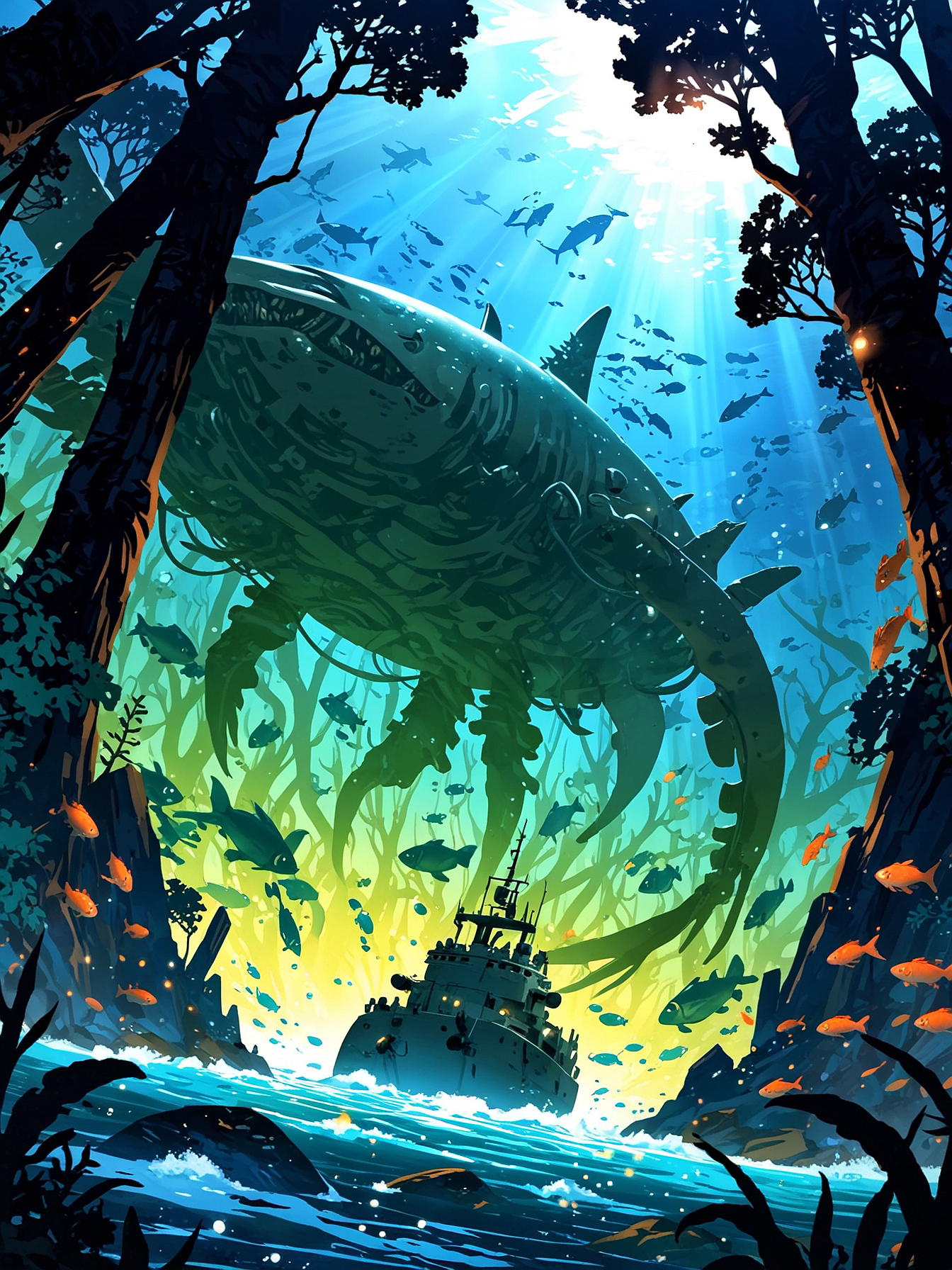 You engage the brinelurkers, activating the Fiship's defense systems. Energy pulses shoot out, striking the attacking creatures. You managed to get some of them, but the combat attracts crabs larger than your ship. The hull is damaged, your ship sinks to the ground. You become food of the crabs.