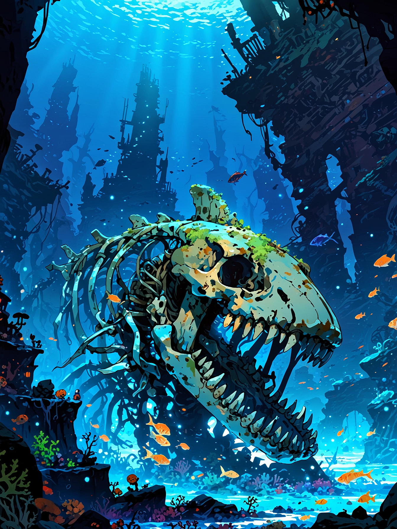 You swim toward the massive bones. The sheer size of these ancient sea creatures is awe-inspiring. Interestingly, a lot of Draw energy accumulates in this area. Suddenly you start to feel really small, as if someone is penetrating Fiship's consciousness, but you cannot see much.