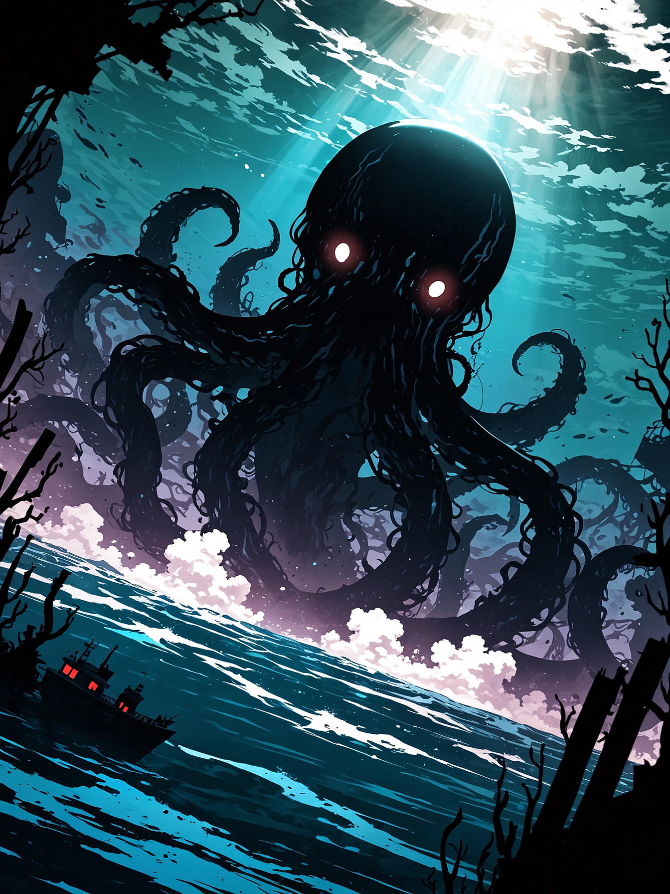 You use Fiship to expand your consciousness until it bumps into a void. Strange, you had never felt this before. This must be the raiders! You follow the presence and then you see it, an abyssal kraken, a still-living organism turned into a ship. You have it pinned, escape before it sees you!