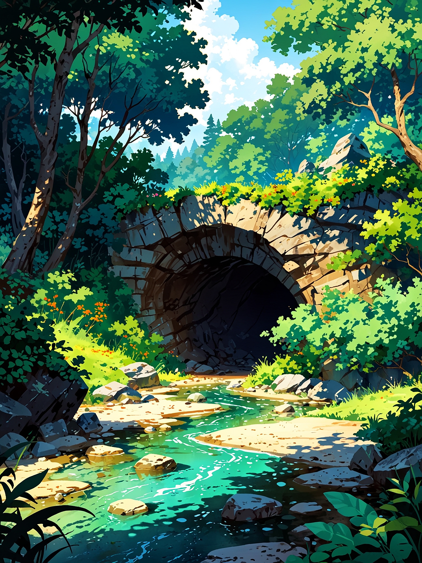 You decide to follow the stream. As you walk along the bank, the sound of water guides you deeper into the forest. Eventually, you arrive at a cave entrance where the stream flows inside, creating an eerie, echoing sound.