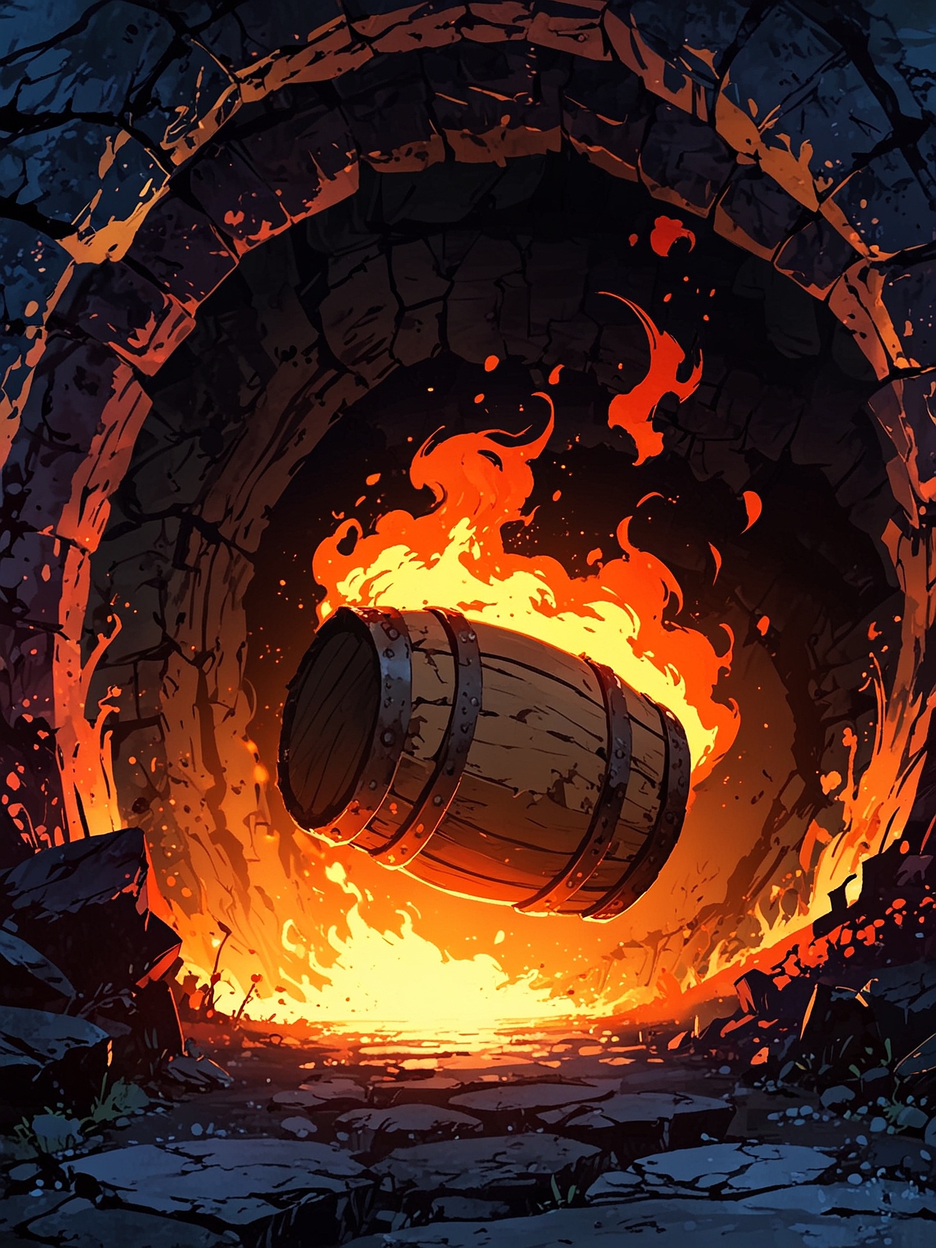 You go forward with confidence, trying to brave anything that awaits you inside. The cave is dark and damp, with echoes of dripping water. As you venture deeper, you begin to hear thuds coming closer and closer. You see a flaming barrel coming violently towards you.