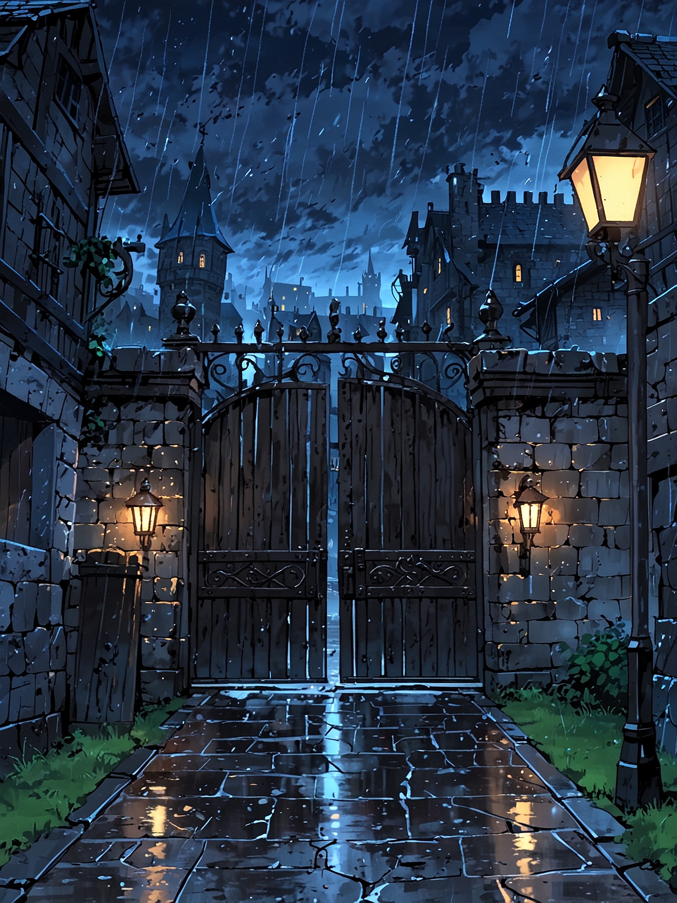 You make your way through the pouring rain, reaching the solitary gates of Greymoor. Just in front of it lies a guard, looking like cursing the gods and everything in between for being on guard duty today.