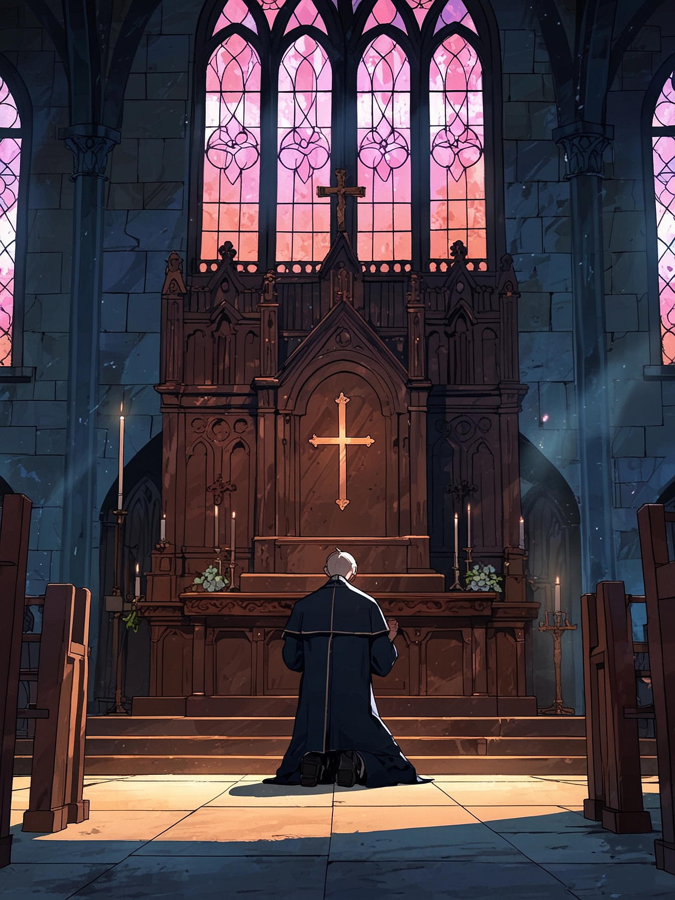 Following the guard's advice, you decide to make your way to the church in the distance. Following the dark cobblestone street, you eventually enter the large edifice. As you expected, the atmosphere inside is solemn, as you see a priest kneeling down and praying in front of an altar.