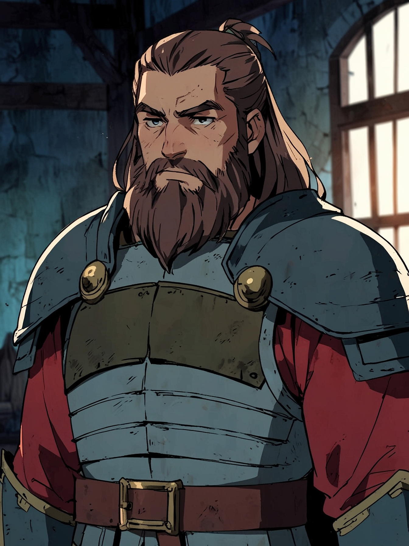 Captain of the guard, dressed in armor, long hair, long beard, tense looking, unimpressed, inside barracks, dimly lit