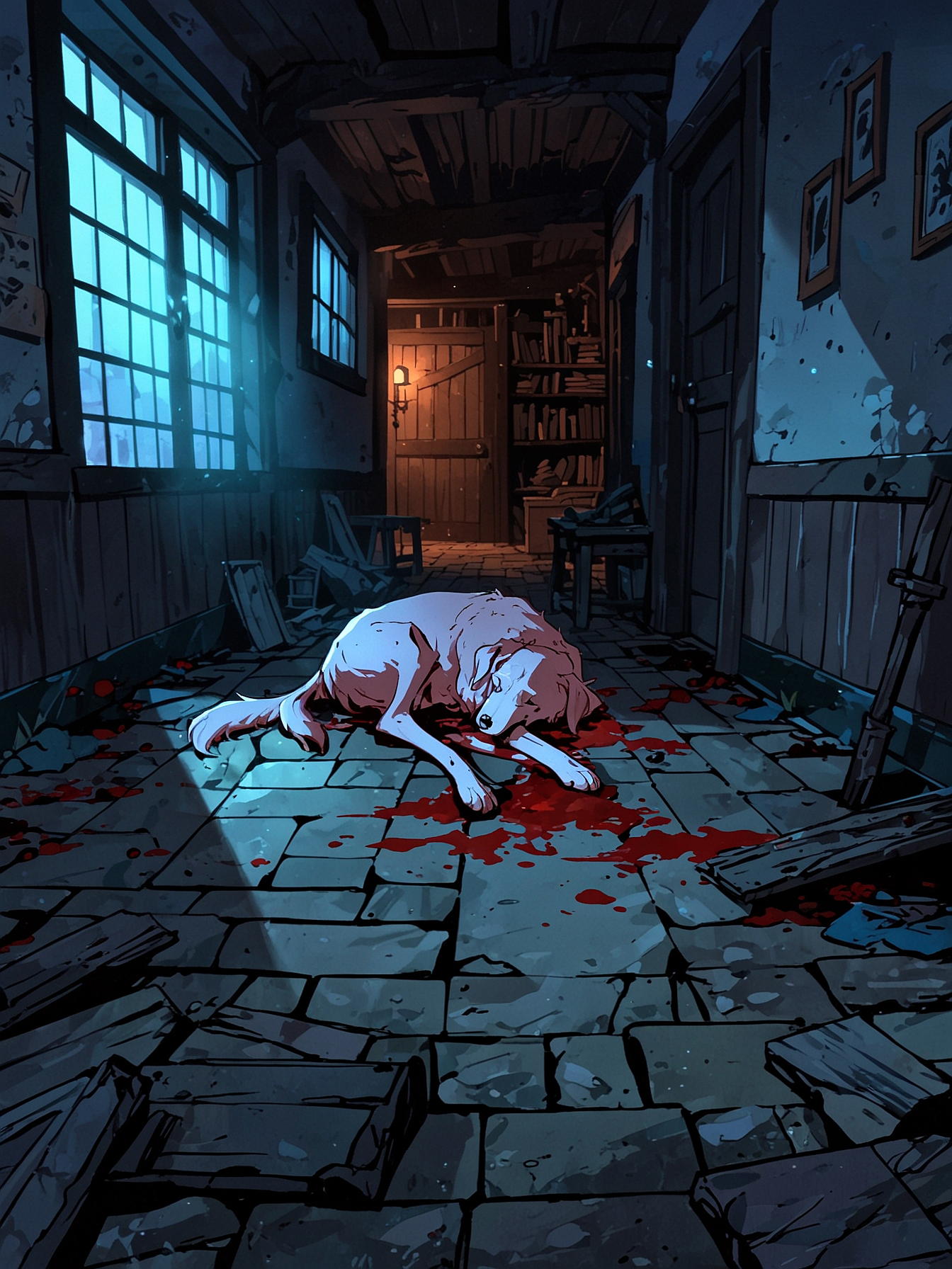 You take out a toolpick from your bag and pick the lock to the house. Inside, you are met by a grim scene. A body lies decomposing in the middle of the room, with a dog eating away at its carcass. The dog looks imposing and rabid.