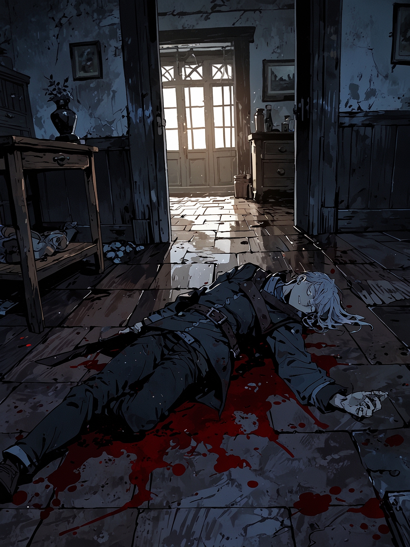 You start to investigate the body of the dead alchemist. Apart from the obvious bite marks from the dog, you notice something peculiar on his neck. It looks as though his throat was cut, implying his cause of death. You see a door on the other side of the room, leading further in the house.