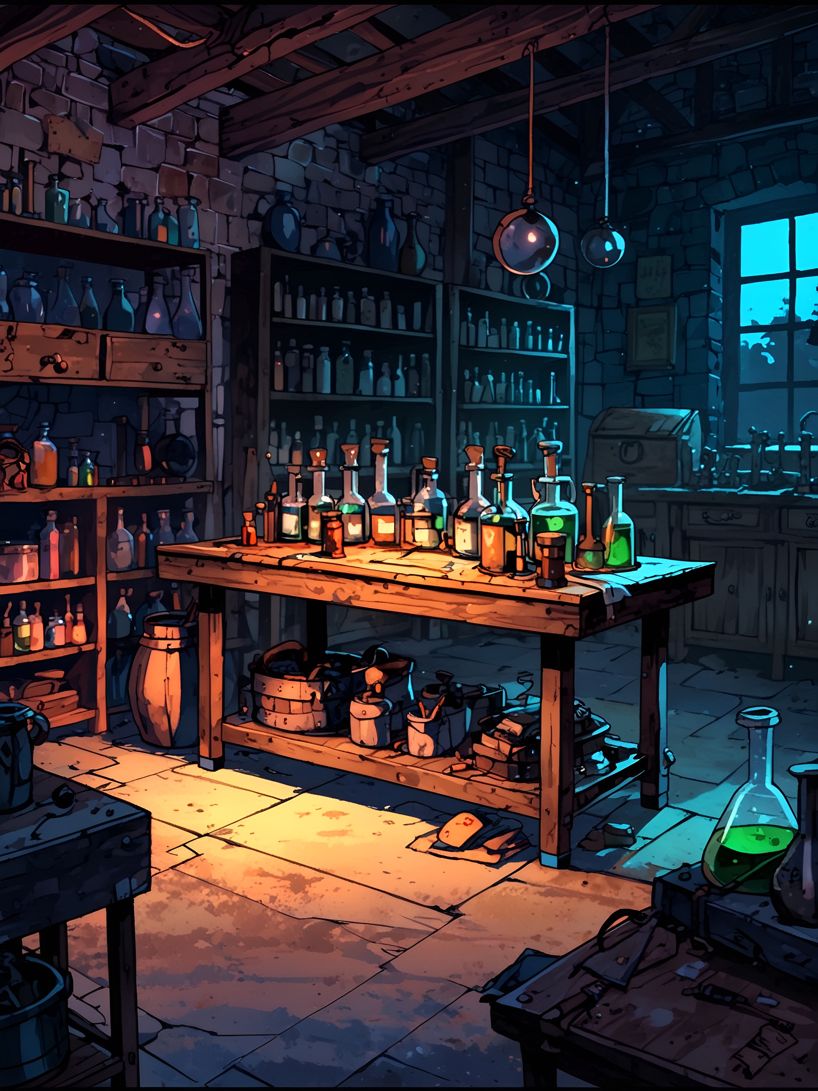 You walk through the slightly ajar door to find yourself in a homemade laboratory. It is filled with vials and alchemical concoctions, yet they look unused for some time. There is a worktable nearby, as well as a satchel laying on the ground, underneath it.