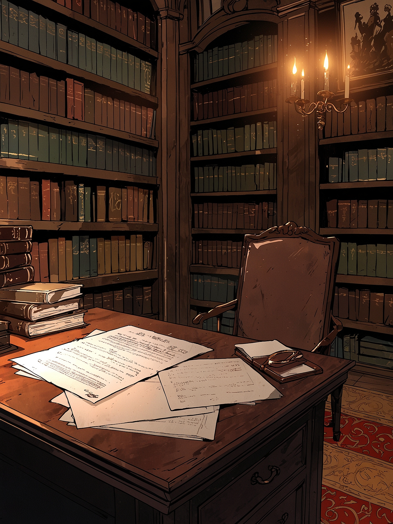 You walk through a solitary door from the common room to emerge into the study of the mayor. Inside, you see dozens of administrative documents, as well as bookshelves filled with books. At a glance, you don't see anything of importance here.