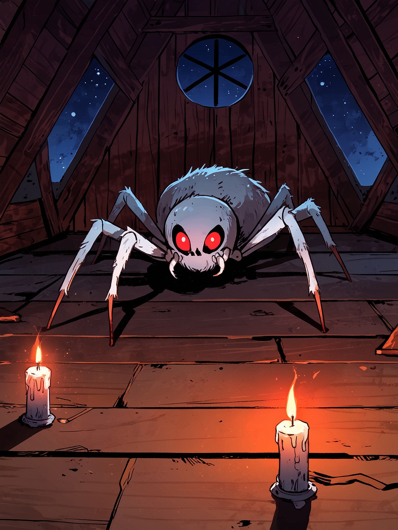 You lunge to save the girl from Loretha, only to feel a sharp pain as the knife cuts into your shoulder. Blood droplets fall onto the red pentagram, and to your horror, a large white spider begins to materialize, ready to feast on you.