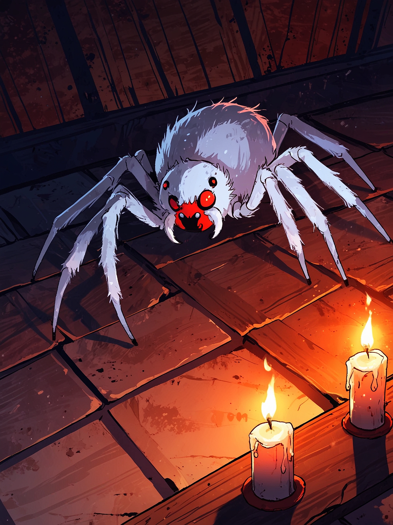 You dodge the lunging spider and within a split second, you manage to maneuver away. Before the spider can turn around, you thrust your sword into its body, killing it with a shrieking cry. The only one left in your path is Loretha.