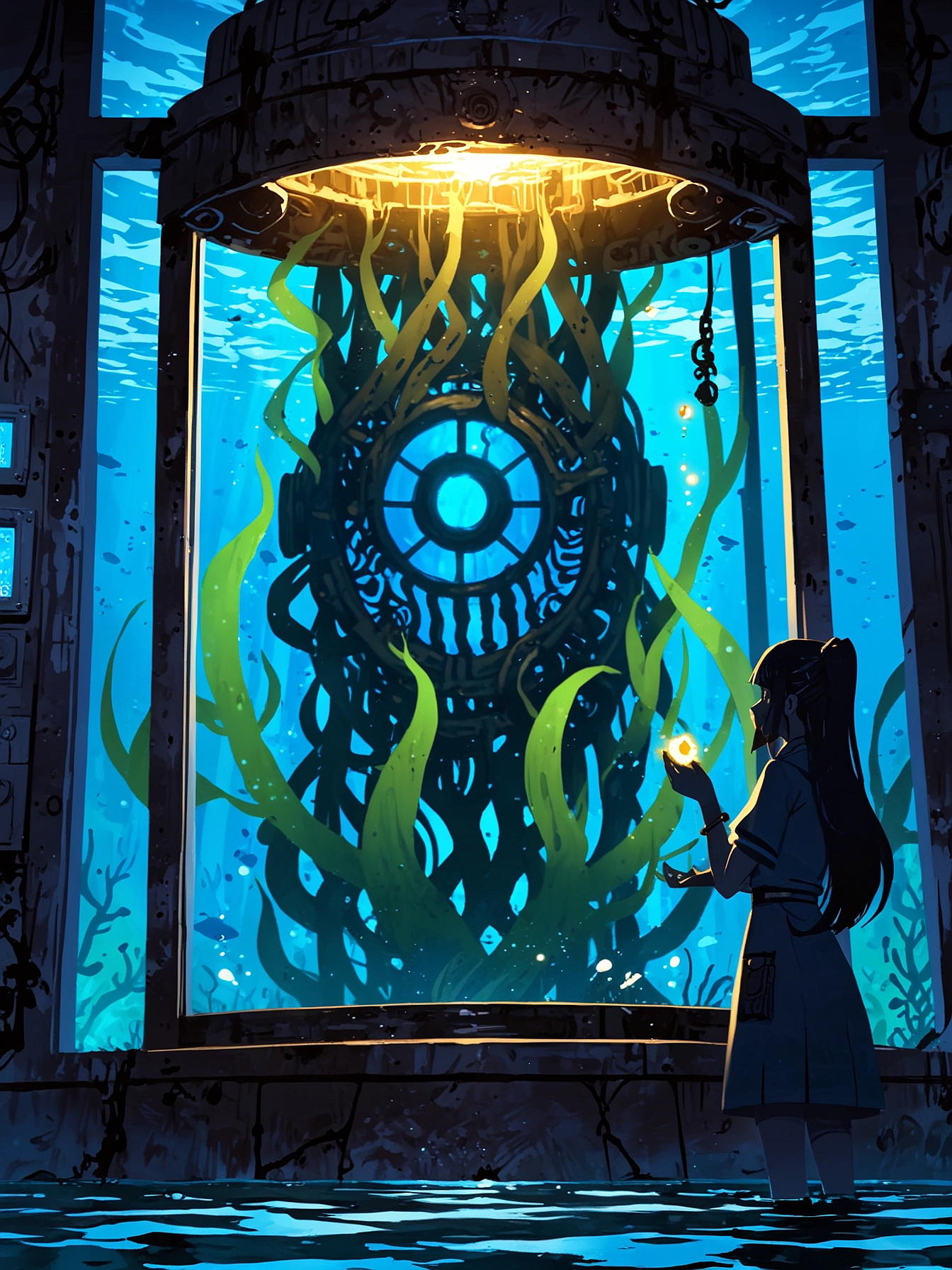 dark room with an ominous glow, an ancient artifact shaped as Lily pulsating with corruptive energy, intricate and malevolent patterns forming around the artifact, the shadow of Giant Lily Station visible through a submarine window above, starting to show signs of corruption and decay, ethereal tendrils of dark power spreading from the artifact, Seraphine the villain holds the artifact and smiles, underwater scene