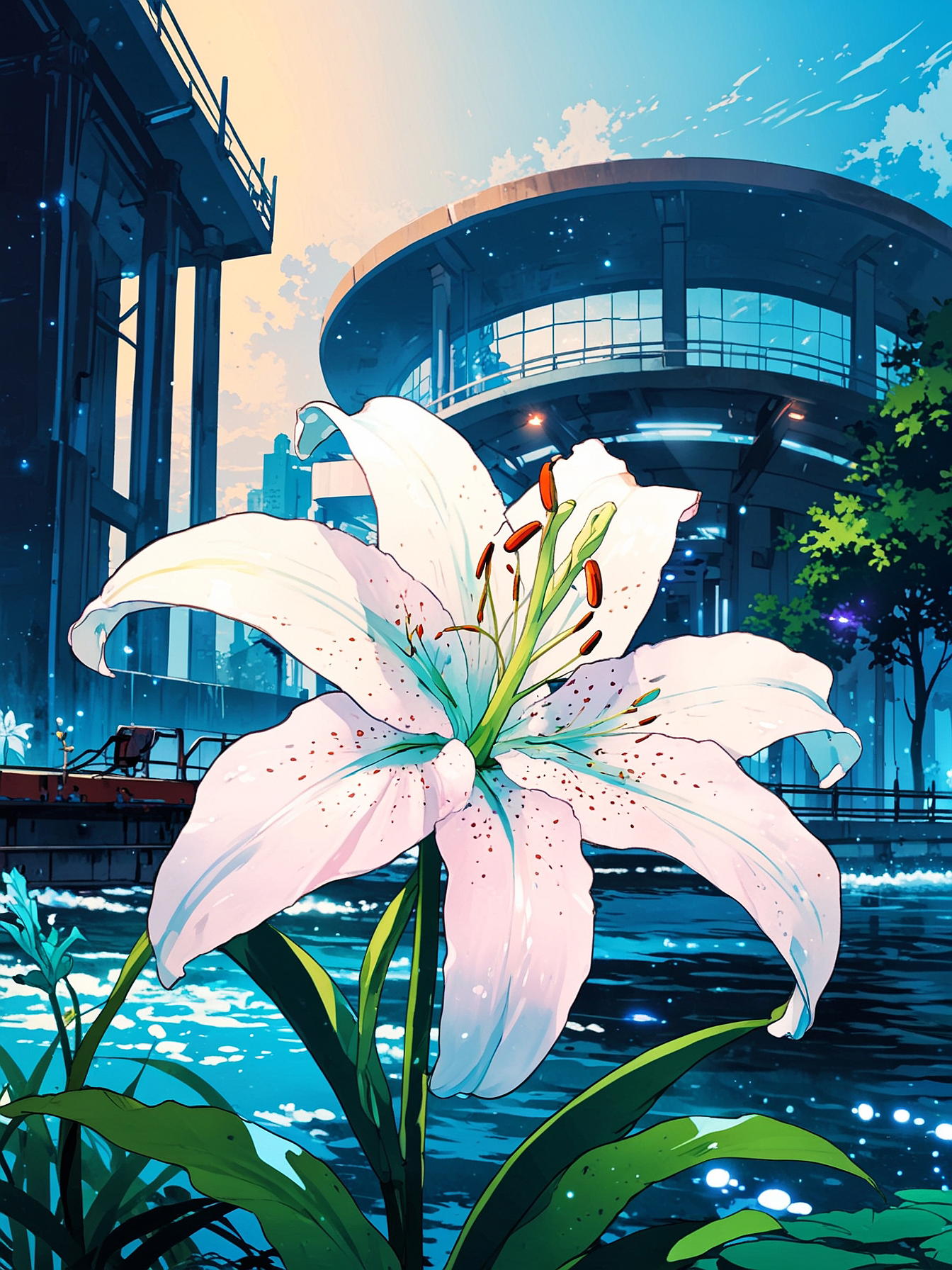 Prompt: an ethereal and enchanting Lily glowing with an unknown power, delicate petals shimmering with hues of unity compassion and love, the Giant Lily Station on water visible in the background, intricate machinery and futuristic architecture partially submerged, a serene atmosphere contrasting the earlier chaos, subtle hints of corruption and decay lingering around the station, the underwater scene illuminated by the gentle light emanating from the Lily