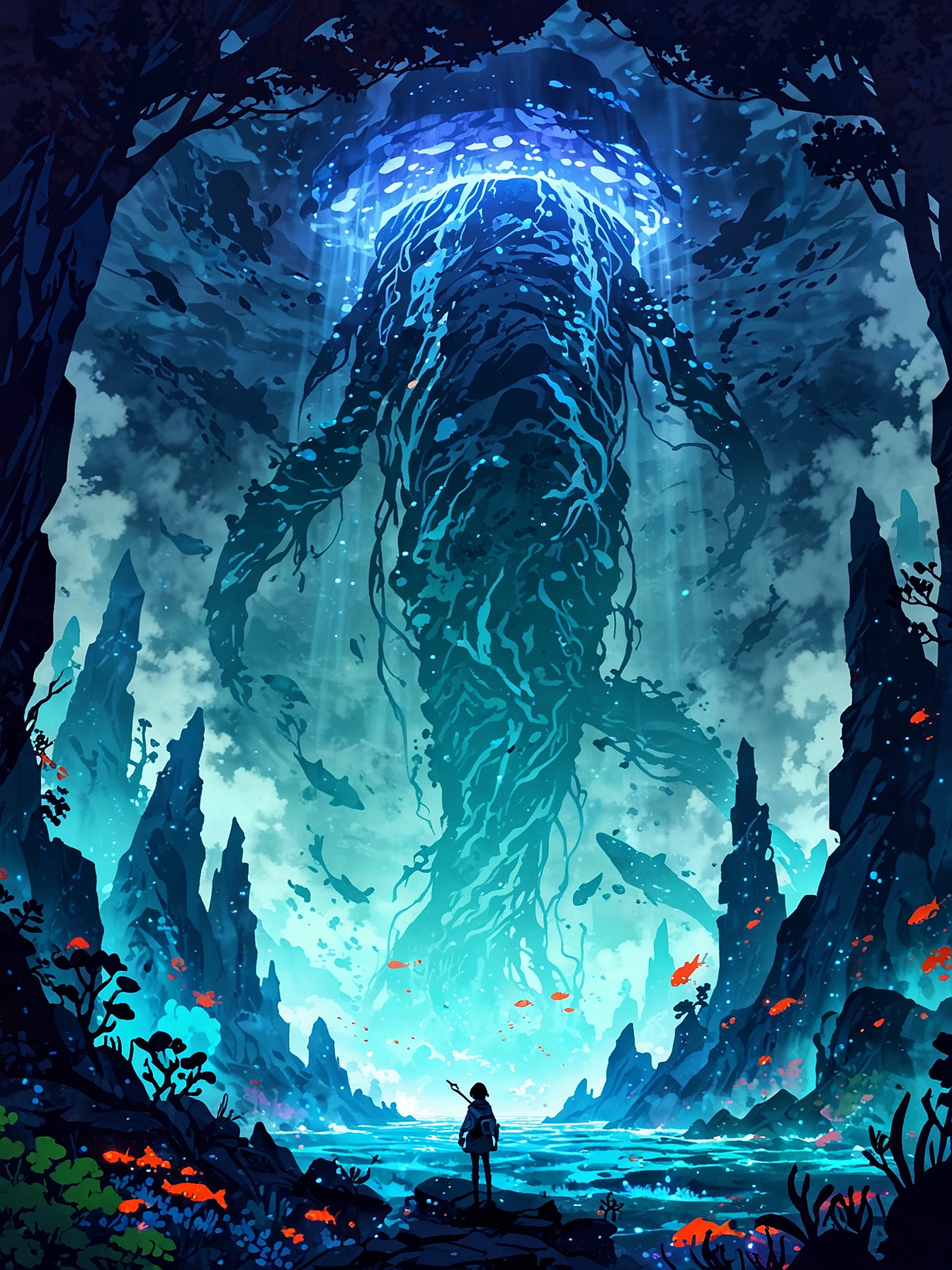 underwater scene, an immense figure emerging from the misty valley, it is a colossal living symbiont of water fungi and whales, the background showing signs of seismic activity and geysers, hidden dangers lurking in the misty brine layer