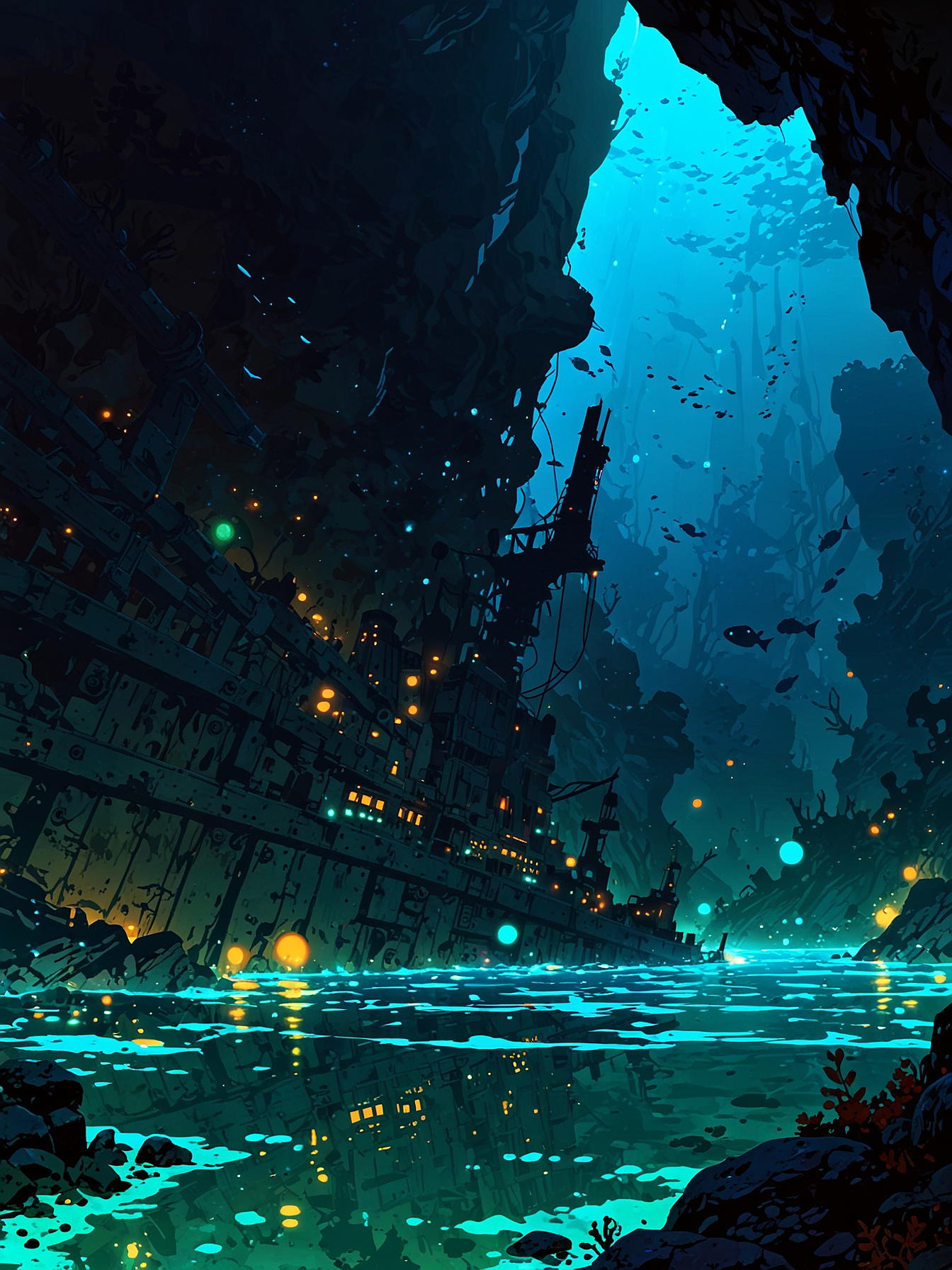 Prompt: dark underwater depths of water world, signs of corruption and decay spreading, small submarine underwater above the black abyss, rocky and hostile terrain, shadows of dangerous creatures lurking in the background, an ominous, foreboding atmosphere, 