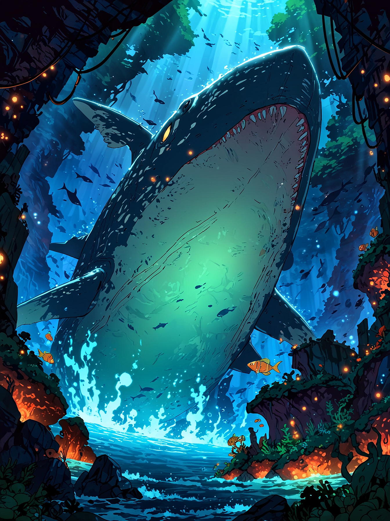 Prompt: underwater scene, a small submarine tossed violently by the underwater brine currents, a colossal leviathan made of mushrooms and whale symbiosis emerging from the depths to save the submarine, Titan's massive form dwarfing everything around, intricate details of its scales and bioluminescent patterns illuminating the scene, tension and danger palpable in the environment