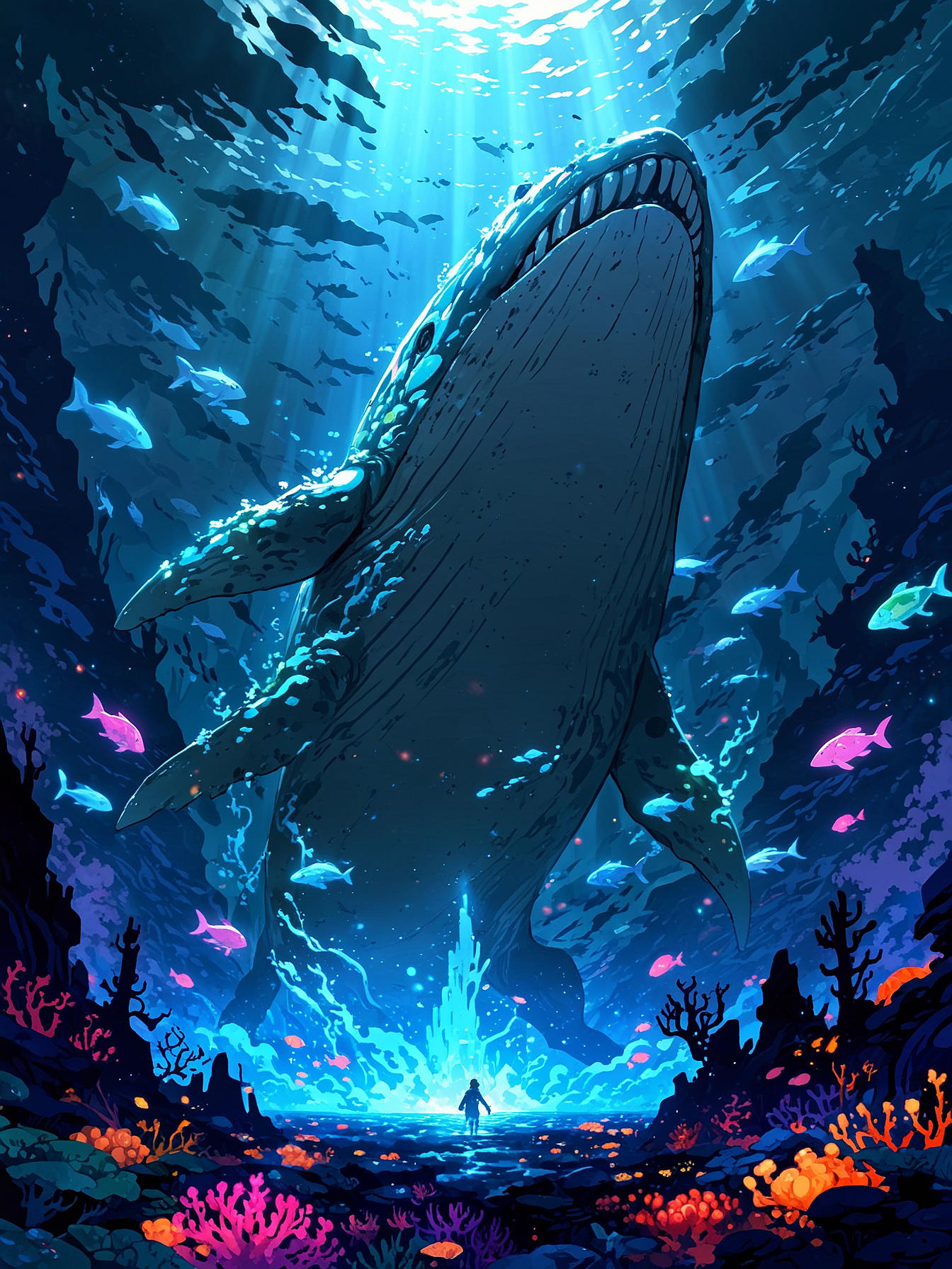 Prompt: underwater scene, a small submarine stuck on the immense leviathan, colossal creature made of mushrooms and whale symbiosis, telepathic Shroomish and giant whale-like mammals, Titan's massive form emerging from the pocket of Mist, intricate details of bioluminescent patterns and symbiotic relationships, ethereal glow illuminating the dark waters, sense of awe and wonder in the mysterious depths of Brinea