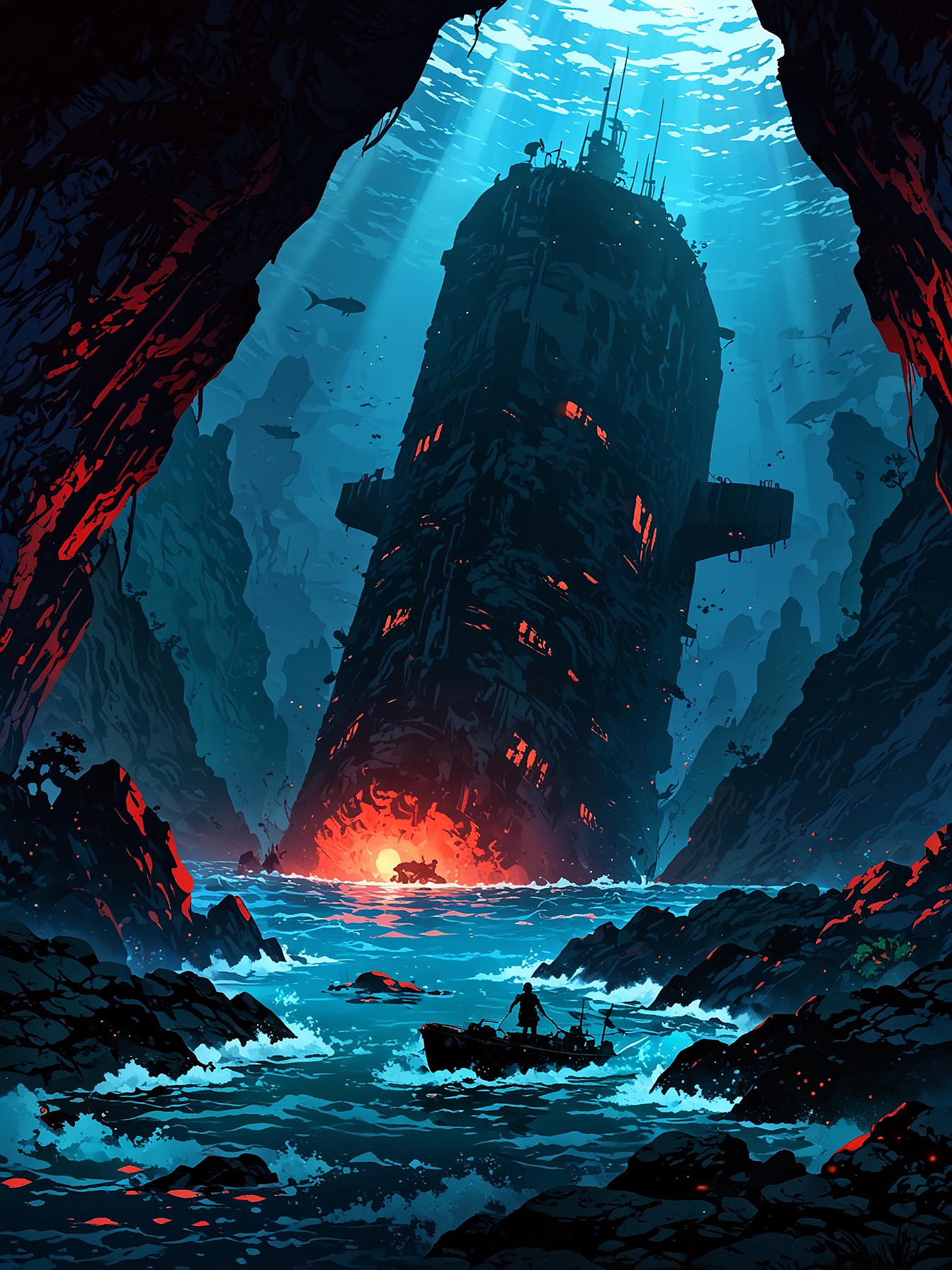 underwater scene (small submarine reaching the depths of a giant crater known as the Dark)++ (small base of operations with dark and red lights in the far distance)+, rocky and hostile terrain, shadows of dangerous creatures lurking, an ominous and foreboding atmosphere, the cold embrace of the abyss